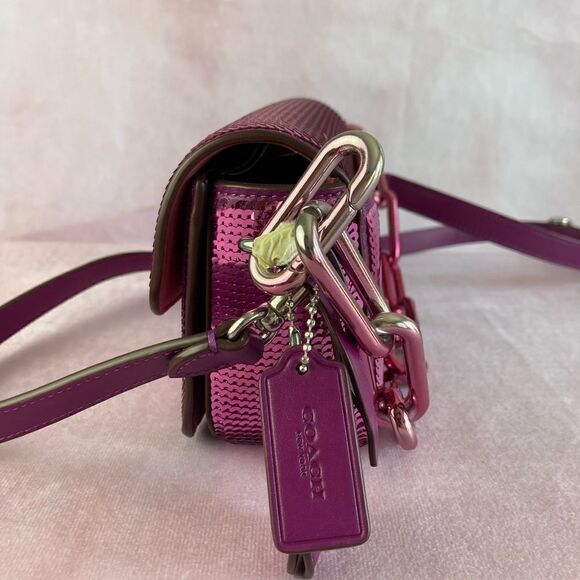 COACH Studio Baguette Shiny Sequin Dark Magenta Shoulder Crossbody Bag - Picture 5 of 6